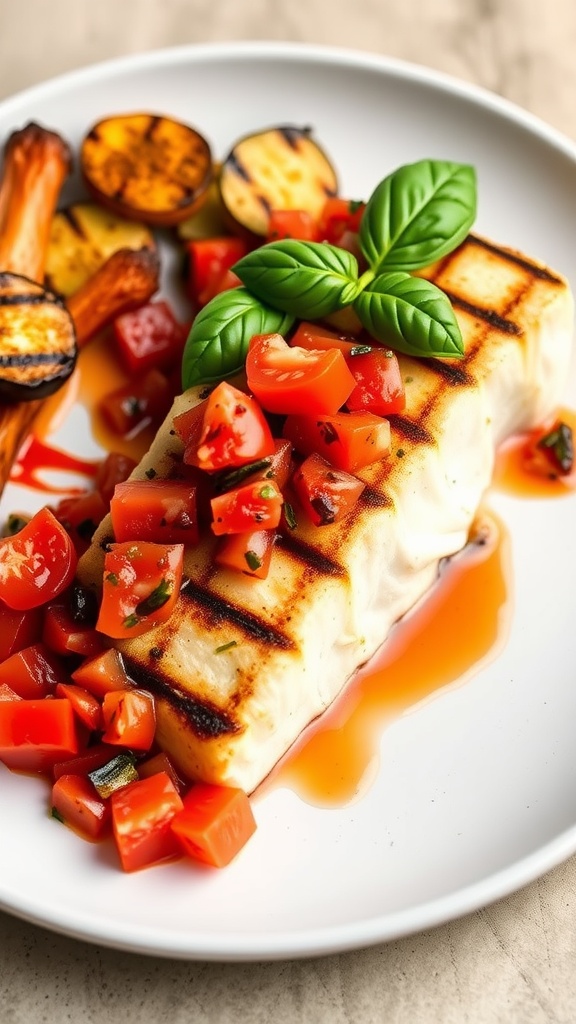 Grilled Mahi Mahi with tomato basil relish, served with grilled vegetables.